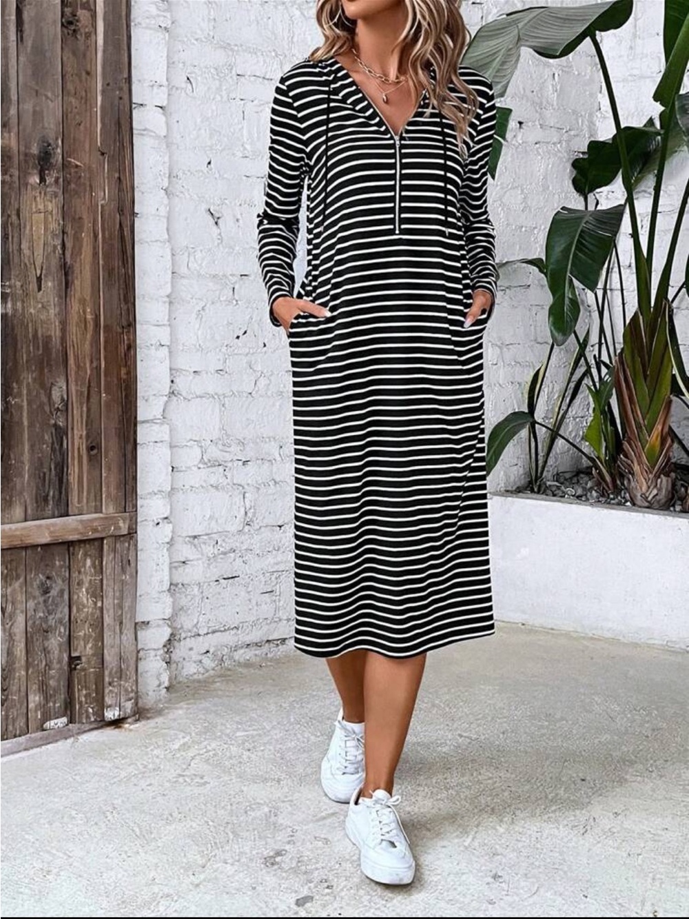 Source Unknown Black and White Striped Midi Skirt Dress
